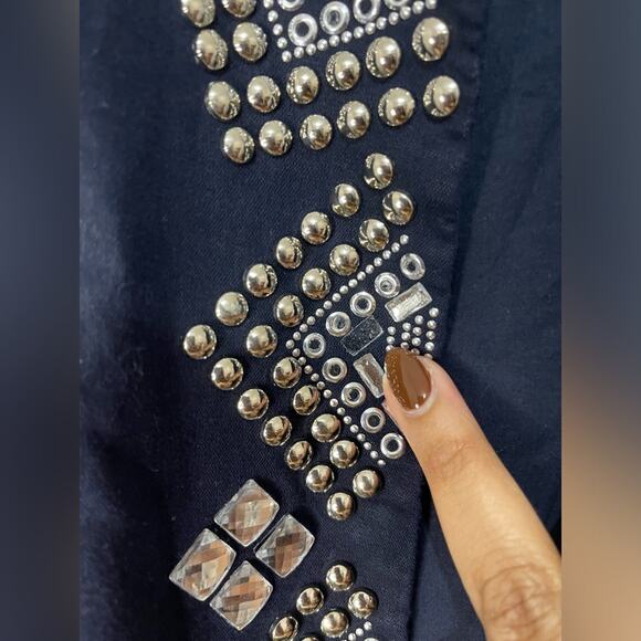 Chico’s Blue Crop Open Front Linen Blend Stud Rhinestone Jacket size Large - Picture 5 of 9